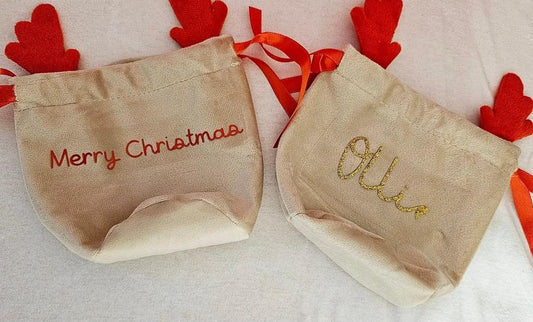 Christmas gift bag, Velvet reindeer pouch bag, Personalised Christmas bag with name, Christmas Eve, Reindeer antler treat bag