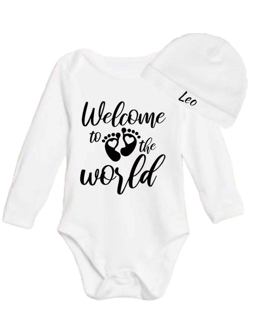 Welcome to the world personalised hat & romper set